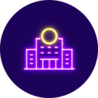 Ein neonfarbenes Logo für Architekturbeleuchtung zeigt die Silhouette eines Gebäudes in lila mit einem gelben Kreis darüber, dargestellt auf einem dunkelvioletten Hintergrund.