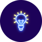 Ein neonfarbenes Logo für LED- und Lichtwerbeanlagen zeigt eine leuchtende Glühbirne in blauem Neonlicht mit gelben Strahlen, die auf einem dunkelvioletten Hintergrund platziert ist.