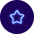 Blaues, leuchtendes Sternsymbol auf einem dunkelblauen, kreisförmigen Hintergrund, das auf Neonkunst hinweist.