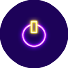 Lila Neon-Kreis mit einem gelben vertikalen Balken oben, auf einem dunkelblauen, kreisförmigen Hintergrund, als Logo für Notstrom.