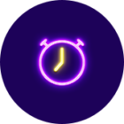 Lila Neon-Symbol einer Uhr mit gelbem Zifferblatt, dargestellt auf einem dunkelblauen, kreisförmigen Hintergrund, als Logo für Elektroplanung.