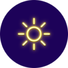 Gelbes Sonnensymbol auf einem dunkelblauen, kreisförmigen Hintergrund, das auf Solartechnik hinweist.