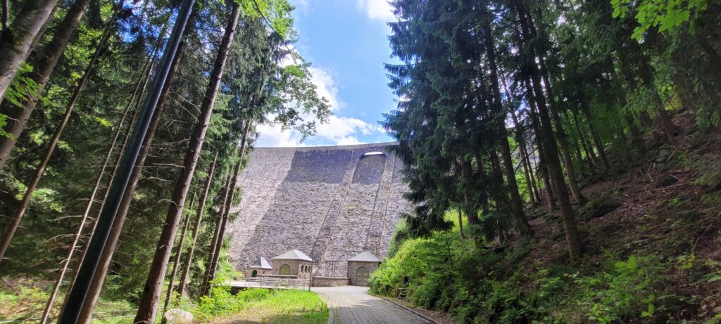 Blick auf die imposante Staumauer der Talsperre Sosa, umgeben von hohen Nadelbäumen. Ein gepflasterter Weg führt zu kleinen Gebäuden am Fuß der Mauer. Der Himmel ist teils bewölkt und teils blau, und Sonnenlicht fällt durch die Bäume.