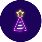 Symbol eines Weihnachtsbaums in neonfarbenen Linien auf dunklem Hintergrund. Der Baum ist in lila und pink gezeichnet, mit einer gelben leuchtenden Sternspitze.